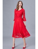 L-5XL Comfy Red Lace Dress Plus Size with Flare Sleeves