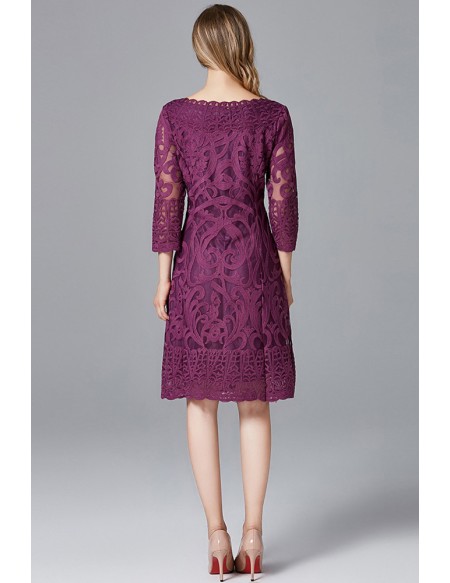 L-5XL Classy Women Purple Embroidered Party Dress with Sleeves