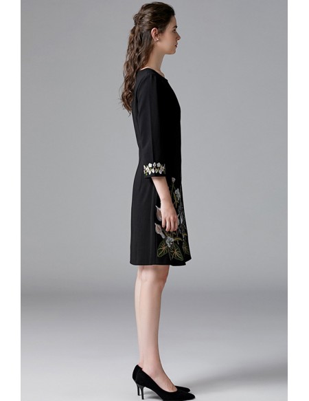 L-5XL Modest Aline Black Dress with Embroidery