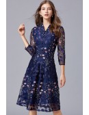 L-5XL Blue Embroidered Aline Wedding Guest Dress with Sheer Sleeves