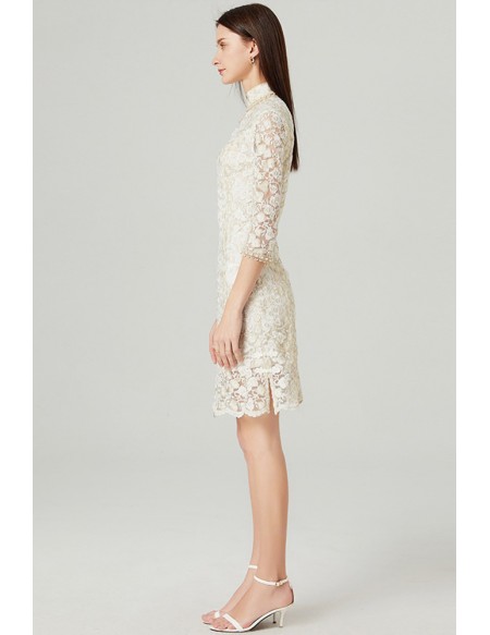 L-5XL Special Beige Lace Short Party Dress with Collar