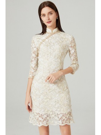 L-5XL Special Beige Lace Short Party Dress with Collar