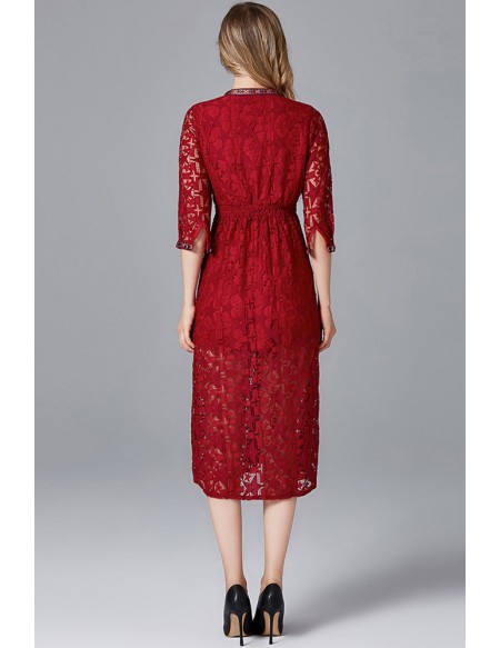 L-5XL Exotic Lace Burgundy Tea Length Party Dress