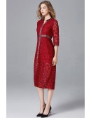 L-5XL Exotic Lace Burgundy Tea Length Party Dress