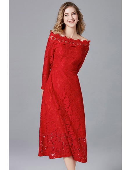 L-5XL Red Lace Off Shoulder Midi Party Dress with Sleeves