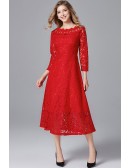 L-5XL Red Lace Off Shoulder Midi Party Dress with Sleeves