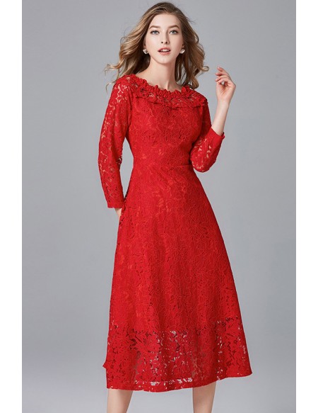 L-5XL Red Lace Off Shoulder Midi Party Dress with Sleeves #ZTY021 ...