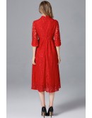 L-5XL Red Lace Chipao Midi Dress with Collar