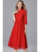 L-5XL Red Lace Chipao Midi Dress with Collar