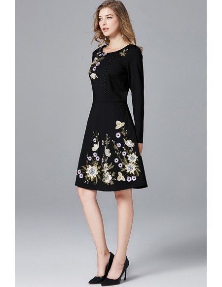L-5XL Aline Embroidered Flowers Aline Dress with Long Sleeves