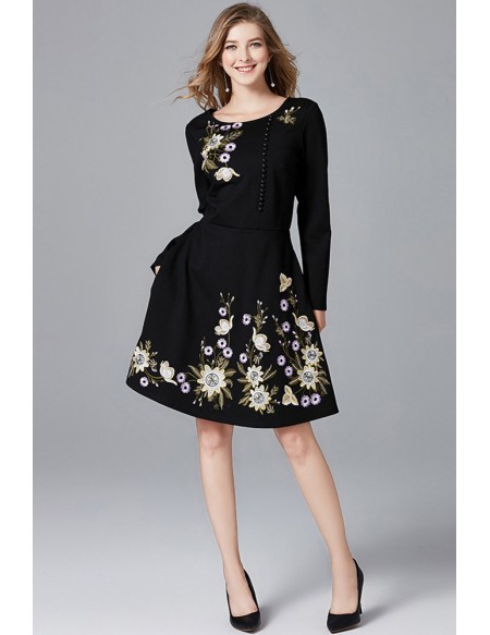 L-5XL Aline Embroidered Flowers Aline Dress with Long Sleeves