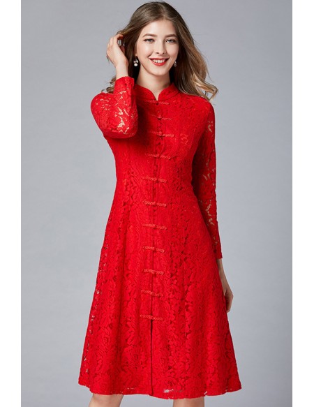 L-5XL Women Aline Red Lace Dress with Long Sleeves