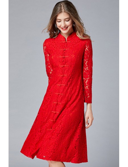 L-5XL Women Aline Red Lace Dress with Long Sleeves
