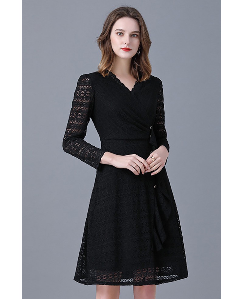 L-5XL Little Black Aline Lace Dress Vneck with Sleeves #ZTY047 ...