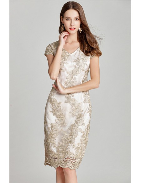 L-5XL Elegant Champagne Embroidered Cocktail Dress with Cap Sleeves