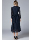 L-5XL Navy Blue Lace Midi Dress with 3/4 Sleeves