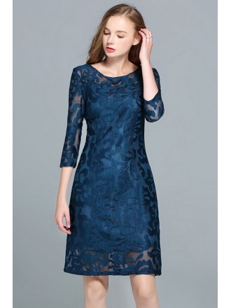 L-5XL Elegant Ink Blue Lace Wedding Guest Dress with Sleeves