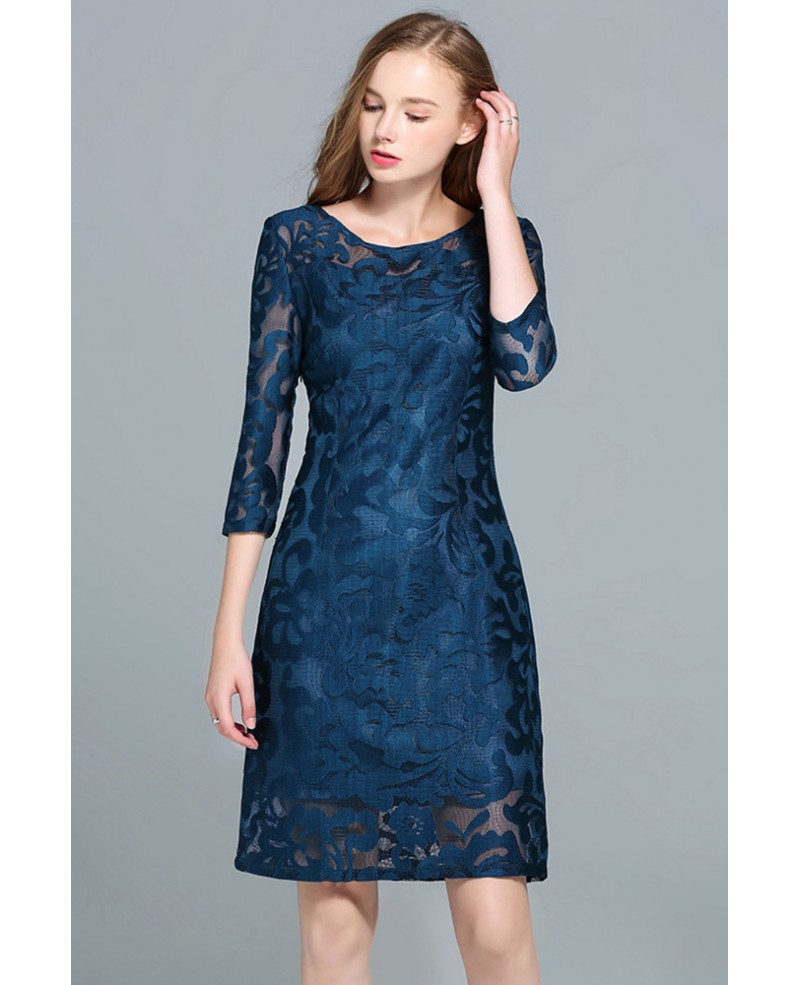 L-5XL Elegant Ink Blue Lace Wedding Guest Dress with Sleeves #ZTY027 ...
