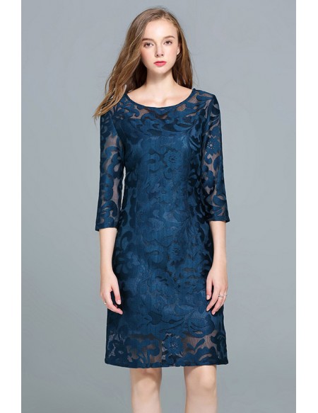 L-5XL Elegant Ink Blue Lace Wedding Guest Dress with Sleeves #ZTY027 ...