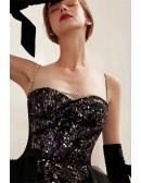 Unique Black Tulle with Bling Sequins Long Prom Dress with Spaghetti Straps