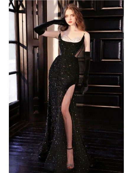 Sexy Long Black Sequined Cut Out Unique Prom Dress with Split Front