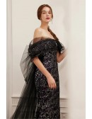 Mistery Formal Long Bling Black Evening Prom Dress with Long Tulle Train