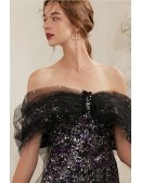 Mistery Formal Long Bling Black Evening Prom Dress with Long Tulle Train