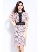 L-5XL Pink Lace Short Party Dress With Short Sleeves