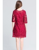 L-5XL Plus Size Burgundy Embroidered Women Party Dress With Half Sleeves