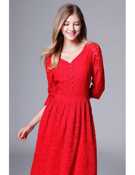 L-5XL Vneck Red Lace Midi Plus Size Dress With Sleeves