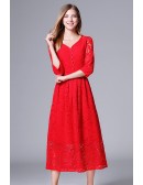 L-5XL Vneck Red Lace Midi Plus Size Dress With Sleeves