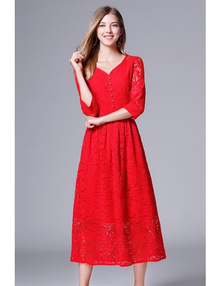 L-5XL Vneck Red Lace Midi Plus Size Dress With Sleeves #ZTY069 ...
