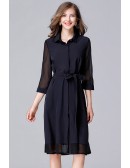 L-5XL Navy Blue Comfy Shirt Dress With Sash Office Style