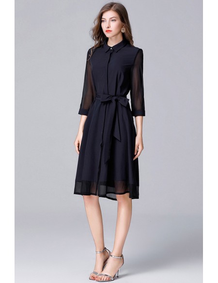L-5XL Navy Blue Comfy Shirt Dress With Sash Office Style