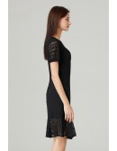 L-5XL Romantic Little Black Lace Dress Vneck With Bubble Short Sleeves