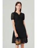 L-5XL Romantic Little Black Lace Dress Vneck With Bubble Short Sleeves