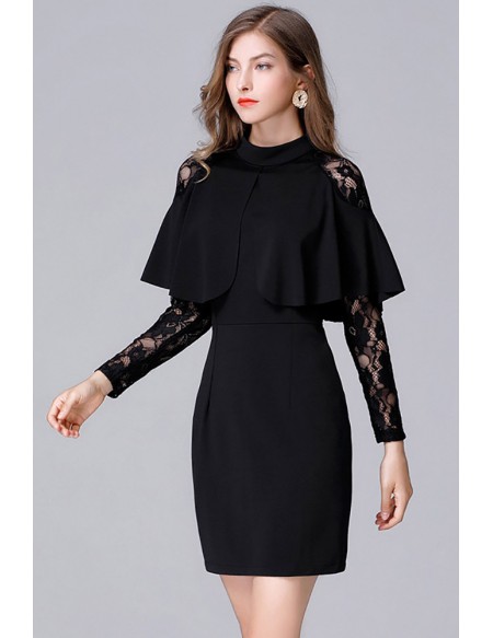 L-5XL Chic Little Black Party Dress High Neck With Lace Long Sleeves # ...
