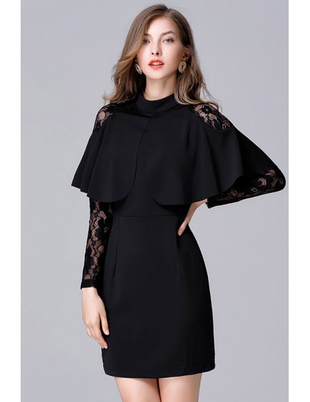 L-5XL Chic Little Black Party Dress High Neck With Lace Long Sleeves