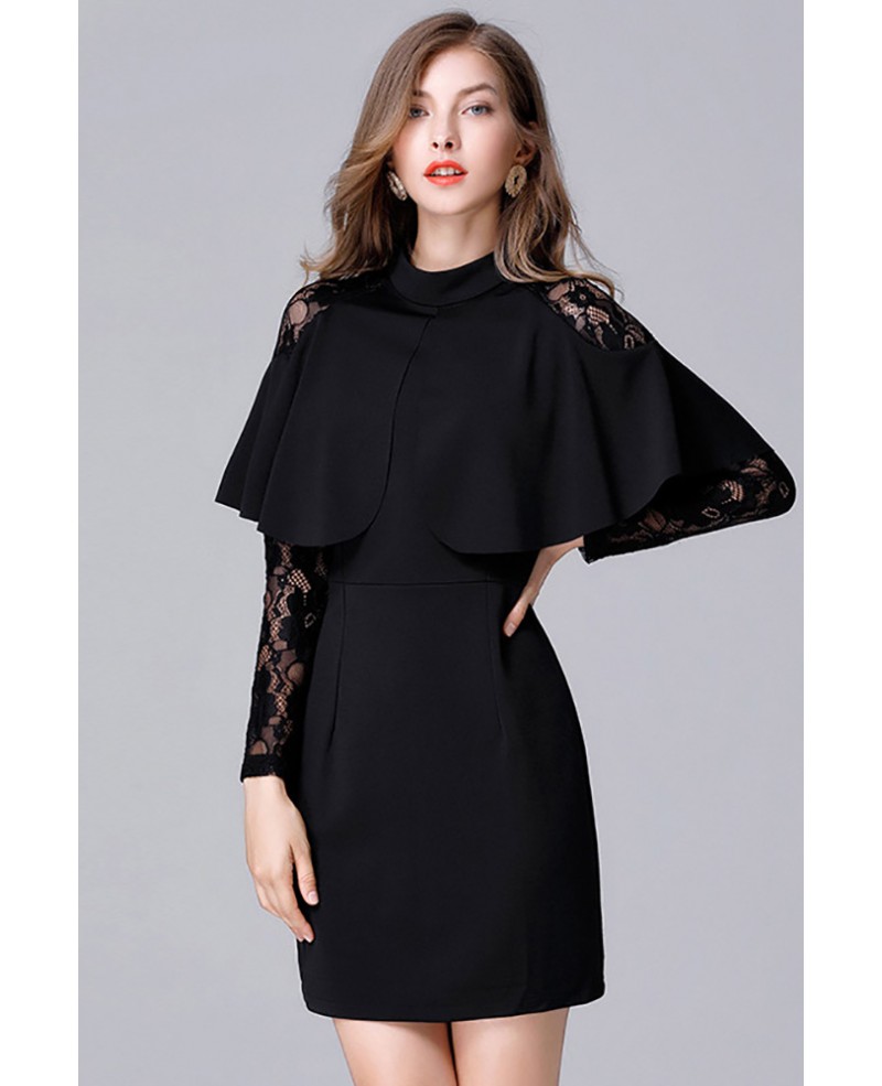 L-5XL Chic Little Black Party Dress High Neck With Lace Long Sleeves # ...