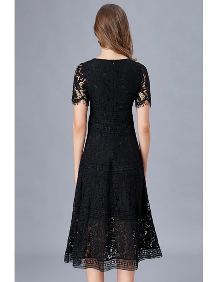 L-5XL Midi Hollow Out Lace Little Black Dress For Women