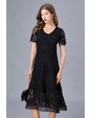 L-5XL Midi Hollow Out Lace Little Black Dress For Women