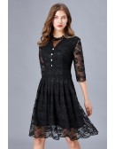 L-5XL Pretty Little Black Lace Pleated Dress With Sheer Sleeves