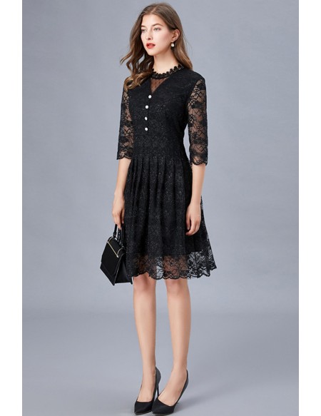 L-5XL Pretty Little Black Lace Pleated Dress With Sheer Sleeves
