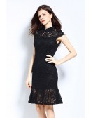 L-5XL Fishtail Fitted Little Black Party Dress With Cap Sleeves