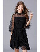 L-5XL Little Black Lace Tulle Party Dress With Bubble Sleeves