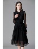 L-5XL Polka Dot Long Sleeved Little Black Dress With Sash