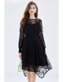 L-5XL Little Black Lace Party Dress With Sheer Long Sleeves