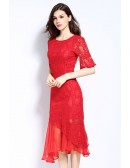L-5XL Lace Sleeved Sheath Red Party Dress With Ruffles