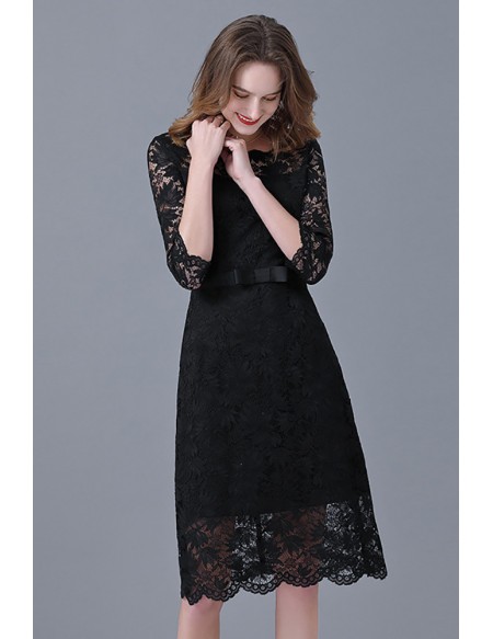 L-5XL Little Black Lace Hollow Party Dress With Sleeves
