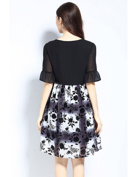 L-5XL Black Flower Prints Summer Chiffon Dress With Sleeves